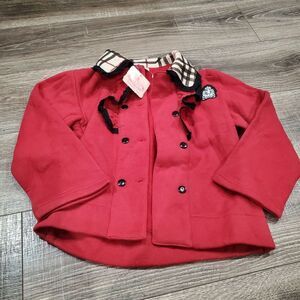 NEW Girls Pea Coat Size 10 (140) Chic Red Kids Pea Coat with Plaid Collar